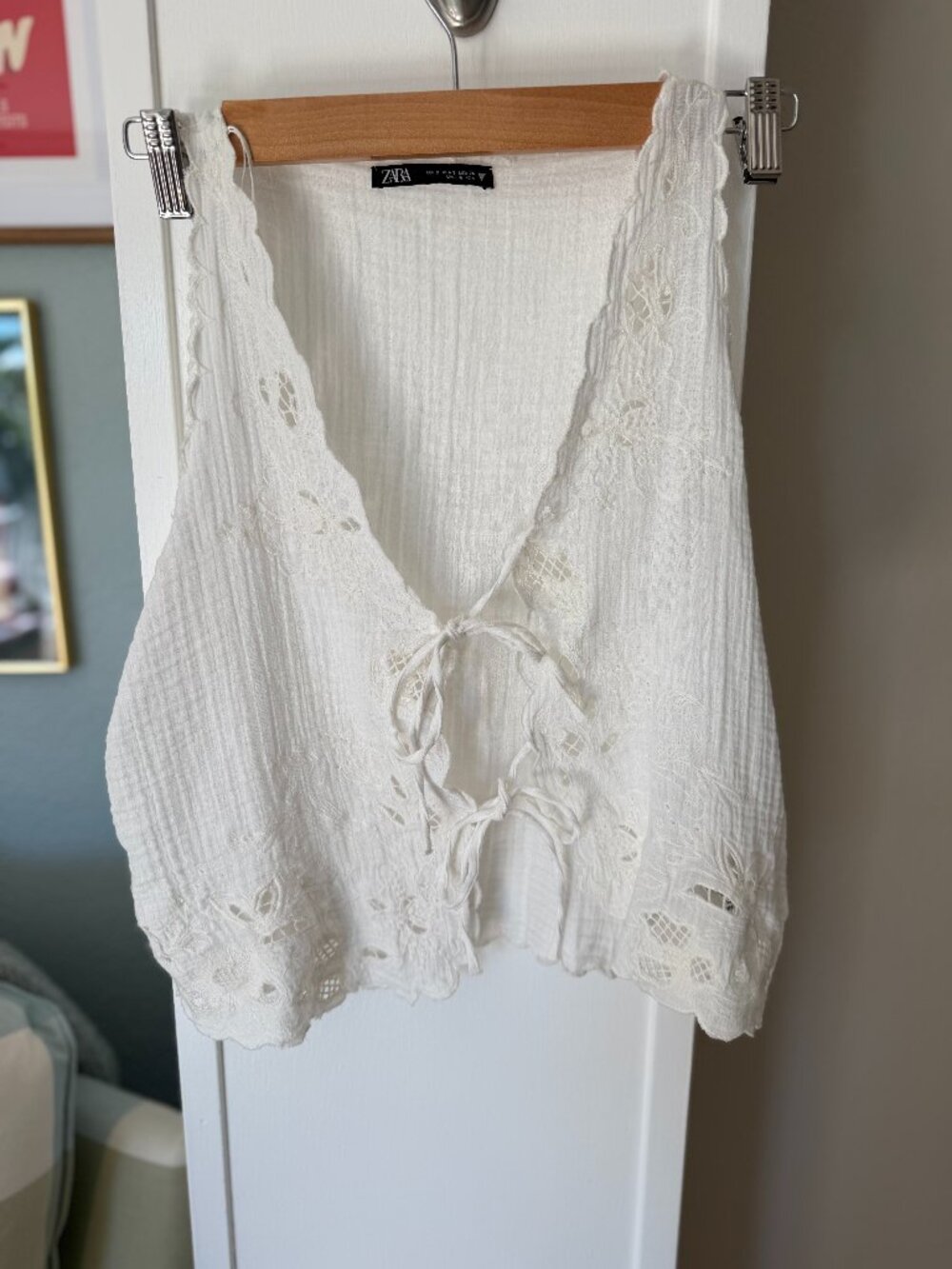 Zara White Cotton Eyelet Lace Tie Front Cropped Blouse Scallop Hem S